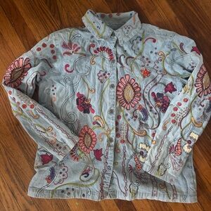 Chico's Denim Jacket with Colorful Embroidery